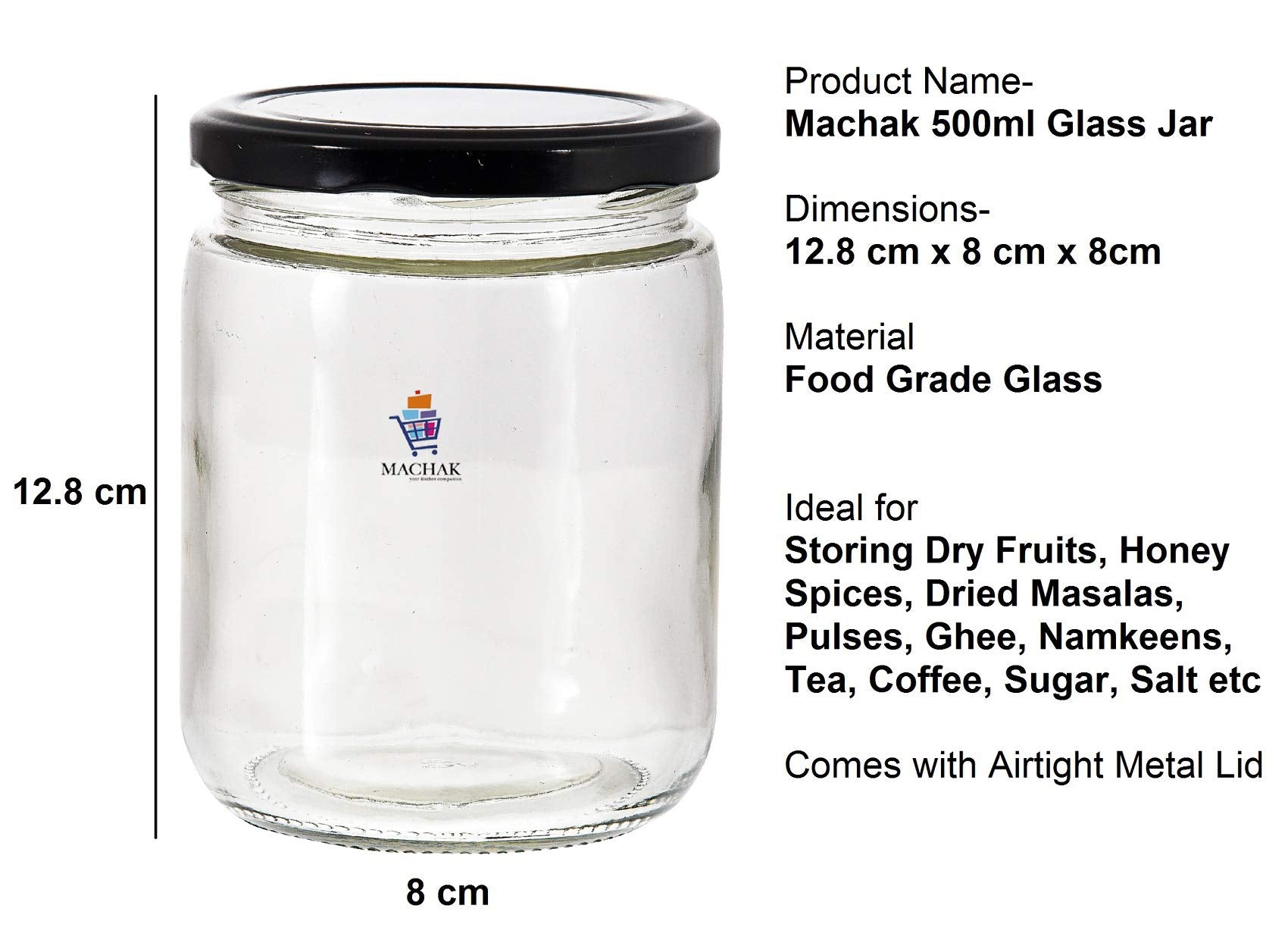 Machak Kitchen Storage Glass Jar For Kitchen With Air Tight Black Cap, 500Ml, Clear (8)
